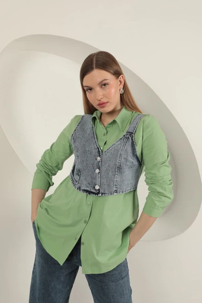 Poplin Kumaş Yelek Detaylı Fıstık Yeşili Kadın Gömlek