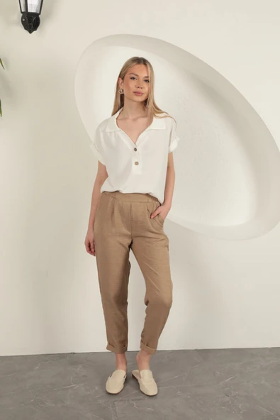 Sofia Keten Duble Paça Kadın Pantolon-Taba