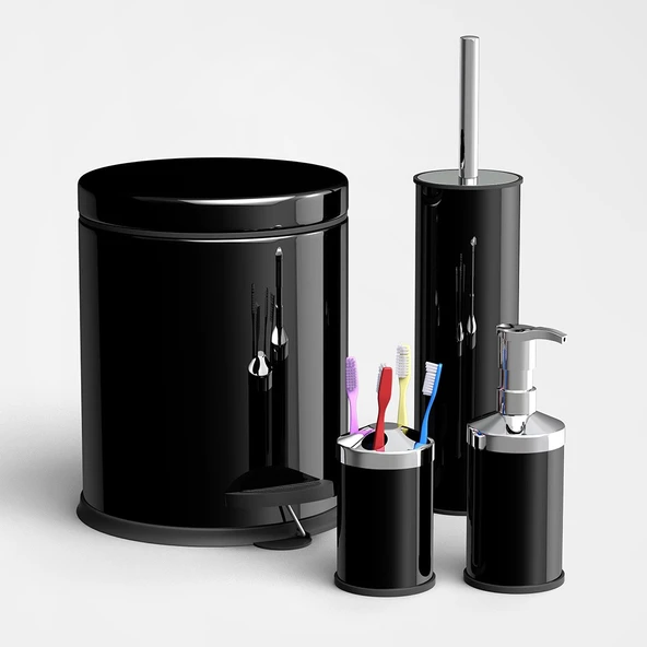 Sas Siyah çöp kovası wc fırça sıvı sabunluk diş fırçalık set 4 lü set 3 lt - 1