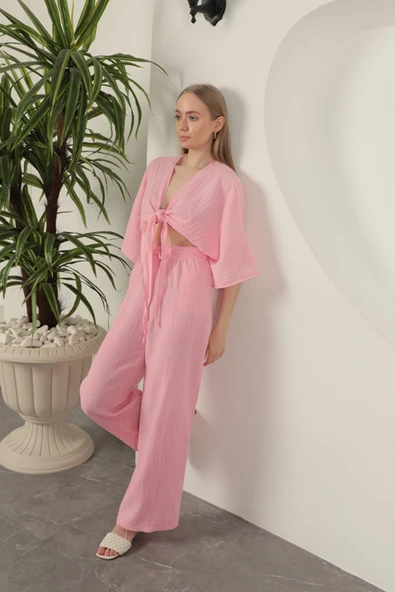 Müslin Kumaş Bol Paça Kadın Pantolon-Pembe