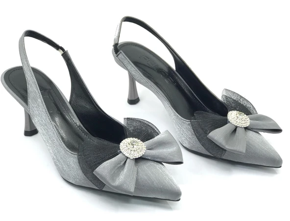 Feles Saten Fiyonk Taş Detaylı Arkası Açık Stiletto Kadın Topuklu Ayakkabı - Resim 7