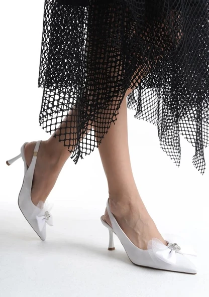 Feles Saten Fiyonk Taş Detaylı Arkası Açık Stiletto Kadın Topuklu Ayakkabı - Resim 8