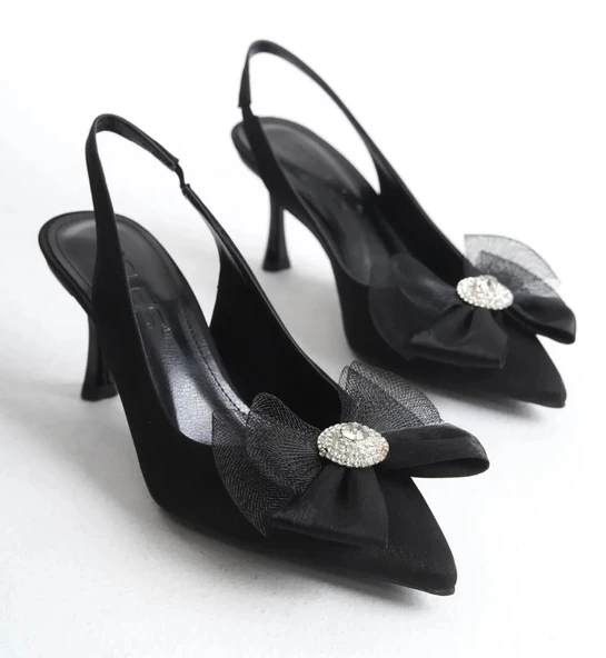 Feles Saten Fiyonk Taş Detaylı Arkası Açık Stiletto Kadın Topuklu Ayakkabı - Resim 6