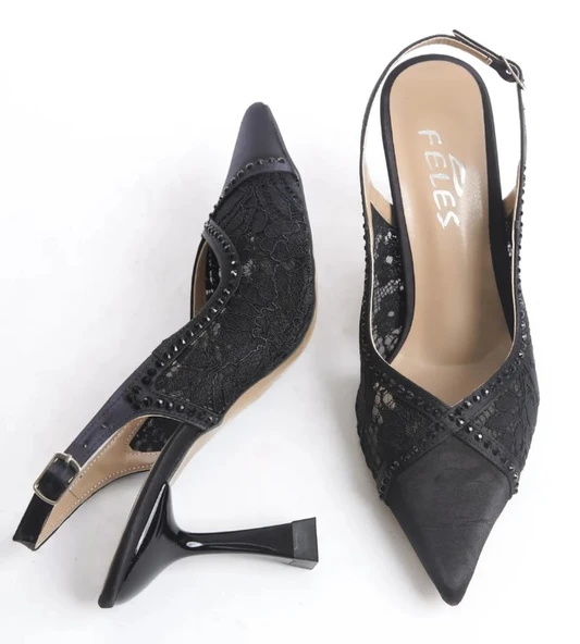 Feles Saten Dantel Taş Detaylı Arkası Açık Stiletto Kadın Topuklu Ayakkabı - 5