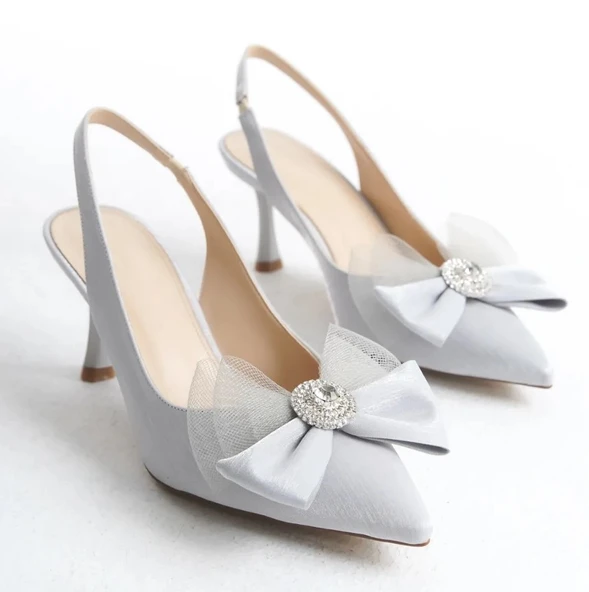 Feles Saten Fiyonk Taş Detaylı Arkası Açık Stiletto Kadın Topuklu Ayakkabı - Resim 5