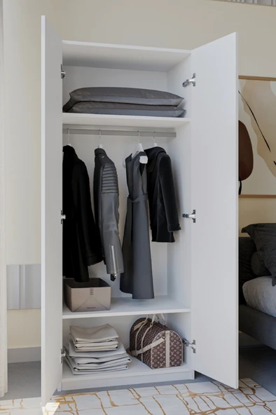 ED PET DİZAYN Elbise Dolabı 2 Kapaklı Beyaz - 3