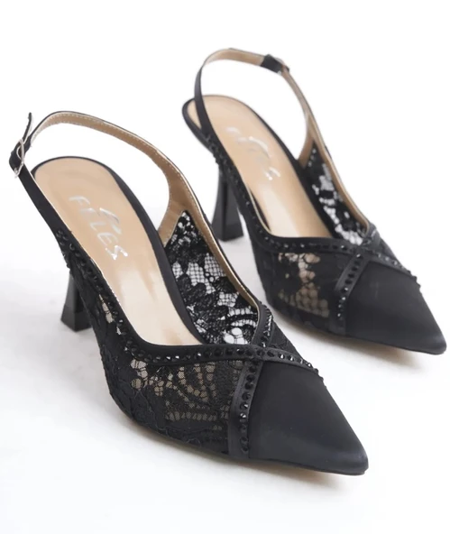 Feles Saten Dantel Taş Detaylı Arkası Açık Stiletto Kadın Topuklu Ayakkabı - Resim 3