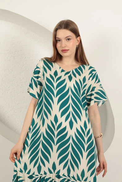 Viskon Kumaş Yaprak Desen Elbise-Zümrüt Yeşil - Resim 4