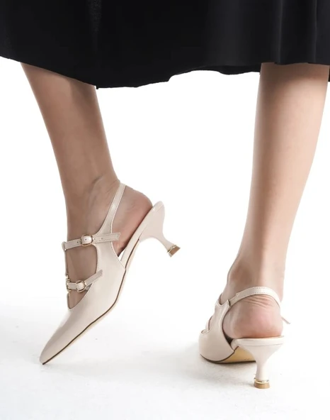 Feles Şeker Topuklu Çift Toka Detaylı Arkası Açık Stiletto Kadın Kısa Topuklu Ayakkabı - 5