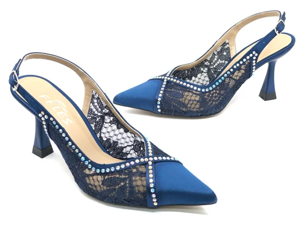 Feles Saten Dantel Taş Detaylı Arkası Açık Stiletto Kadın Topuklu Ayakkabı - Resim 7