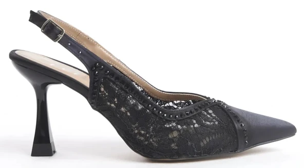 Feles Saten Dantel Taş Detaylı Arkası Açık Stiletto Kadın Topuklu Ayakkabı - Resim 4