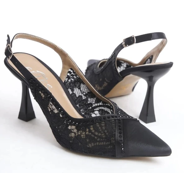 Feles Saten Dantel Taş Detaylı Arkası Açık Stiletto Kadın Topuklu Ayakkabı - Resim 6