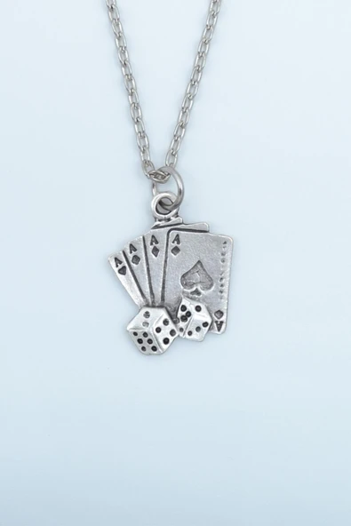 Maça As Poker İskambil - Zar Gümüş Kaplama Düz Zincir Kolye