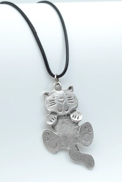 Kedi Gümüş Kaplama Deri İp Kolye