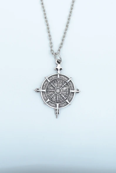 Viking Vegvisir Pusula  Gümüş Kaplama Düz Zincir Kolye ürün görseli