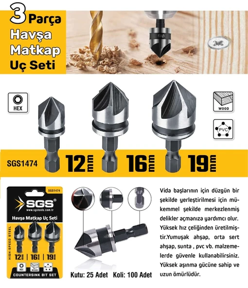 SGS1474 - Havşa Açma Matkap Ucu Seti 12mm - 16mm - 19mm - 2