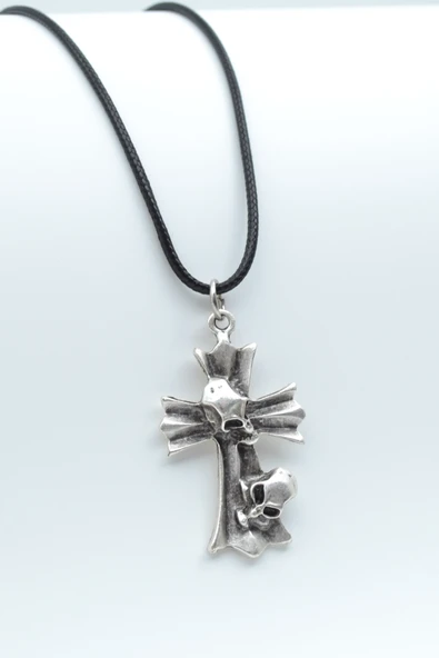 Kuru Kafa Haç Gümüş Kaplama Deri İp Kolye ürün görseli 1