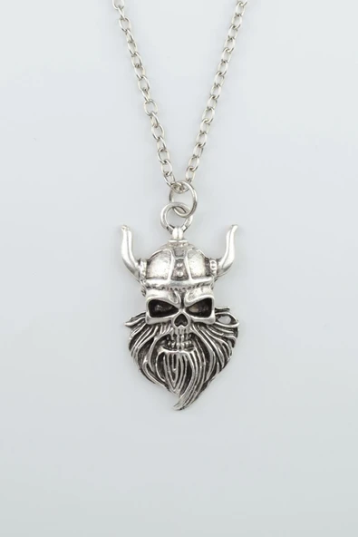 Viking Sakallı Kuru Kafa Gümüş Kaplama Düz Zincir Kolye