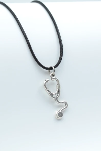 Doktor Steteskop Gümüş Kaplama Deri İp Kolye ürün görseli 1