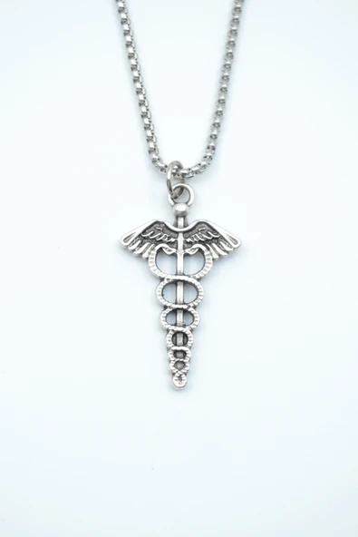 Tıp Sembolü Kadüse Gümüş Kaplama Örme Zincir Kolye ürün görseli