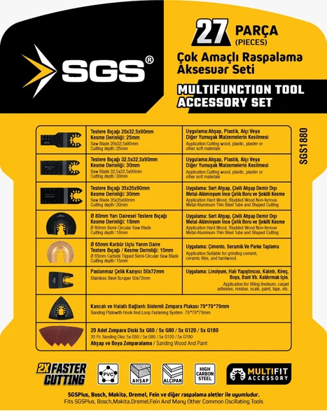 SGS1880 - 27 Parça Multi Tools Çok Amaçlı Raspalama Aksesuar Zımpara Kesici Aparat Uç Seti - 2