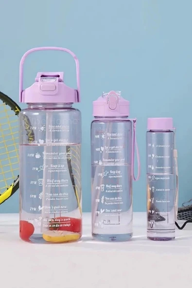 Tilbe Home 3'lü Motivasyonel Su Matarası Tritan Sporcu Su Şişesi Suluk Stickerlı Pipetli Suluk 2000+900+500ml