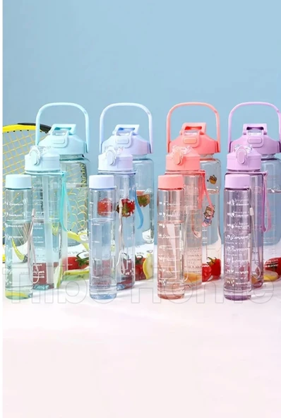Tilbe Home 3'lü Motivasyonel Sporcu Su Şişesi Tritan Suluk Su Matarası Pipetli Stickerlı Suluk 2000+900+500ml - 2