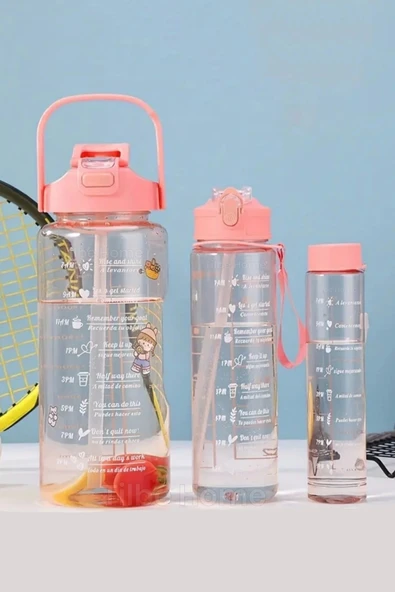 Tilbe Home 3'lü Motivasyonel Sporcu Su Şişesi Tritan Suluk Su Matarası Pipetli Stickerlı Suluk 2000+900+500ml