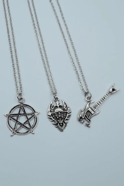 3'lü Pentagram Kuru Kafa Gitar Diablo Kalkan Gümüş Kaplama Kolye Seti