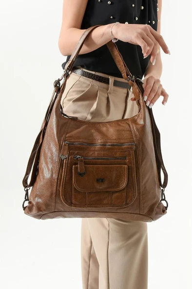 Vegan Deri Kadın Omuz Çantası Sırt Çantası Fonksiyonel Kullanım 30 Cm Genişlik 25 Cm Yükseklik - Resim 7