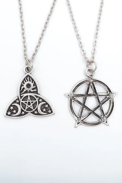 2'li Pentagram - Triquetra Güneş Ay Yıldız Gümüş Kaplama Kolye Seti