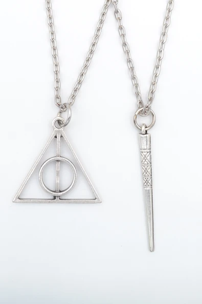 2'li Harry Potter Ölüm Yadigarları Üçgen - Antik Çubuk Gümüş Kaplama Kolye Seti