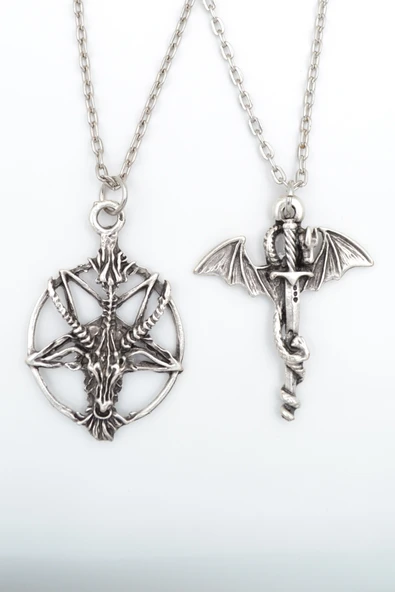 2'li Ters Pentagram Keçi Kafası - Yılan Ejderha Gümüş Kaplama Kolye Seti