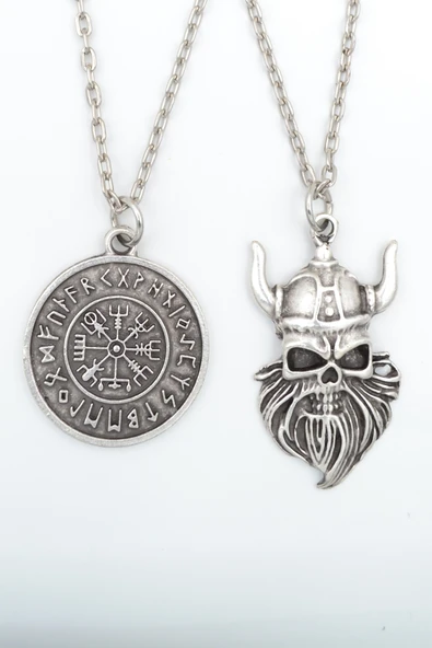 2'li Viking Sakallı Kuru Kafa - Viking Pusula Gümüş Kaplama Kolye Seti