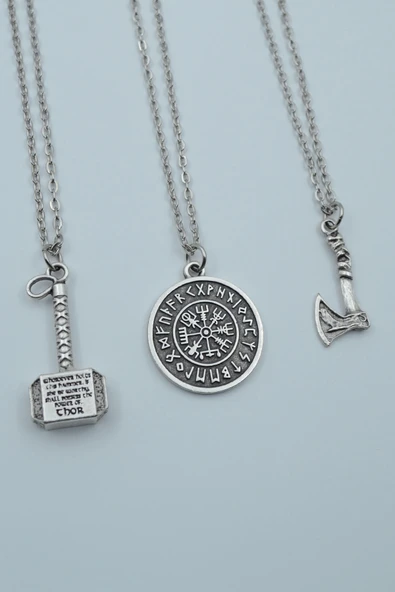 3'lü Thor Çekiç Viking Balta Viking Pusula Gümüş Kaplama Kolye Seti ürün görseli