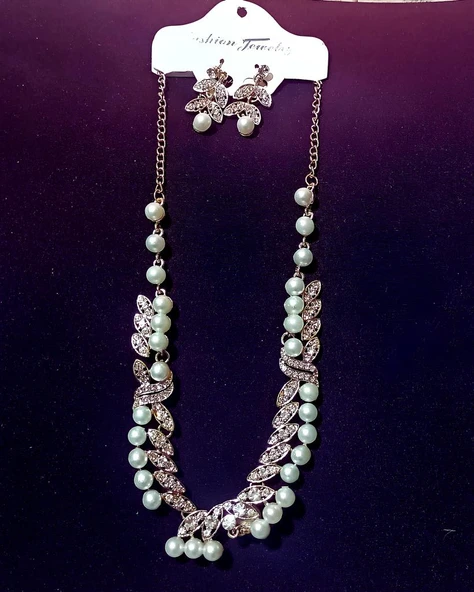14K Altın Kaplama Nişan Kına Düğün İnci ve Swarovski Taşlı Kolye Küpe Kadın Takı Seti Hediyelik