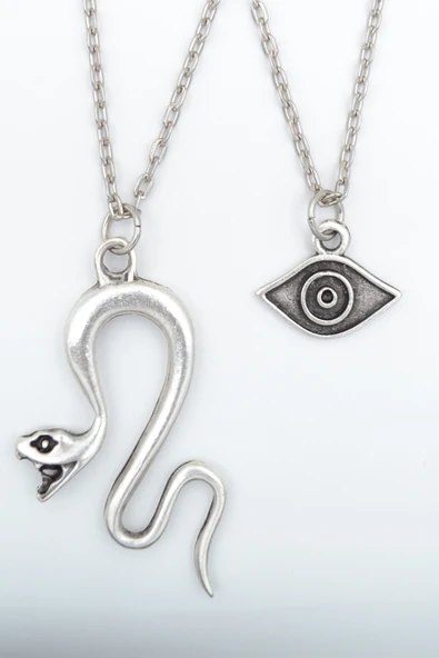 2'li Yılan  - Minimal Göz Gümüş Kaplama Kolye Seti - Resim 7