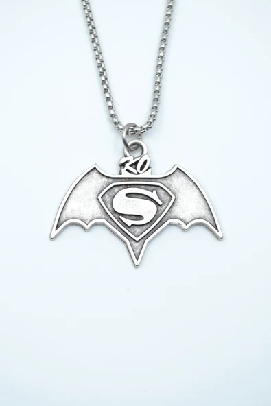 Batman Süperman Gümüş Kaplama Örme Zincir Kolye ürün görseli