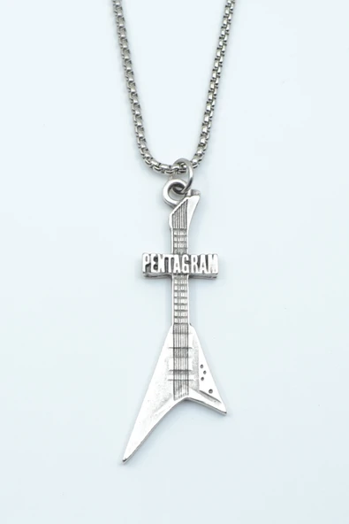 Pentagram Elektro Gitar Gümüş Kaplama Örme Zincir Kolye ürün görseli