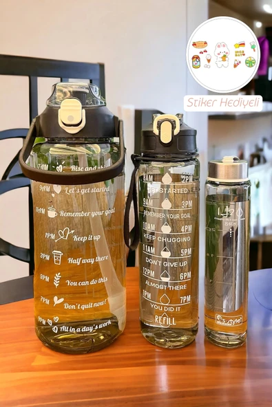 Tilbe Home 3'lü Motivasyonel Su Matarası Tritan Sporcu Su Şişesi Suluk 2000+900+500ml Stickerlı Pipetli Suluk