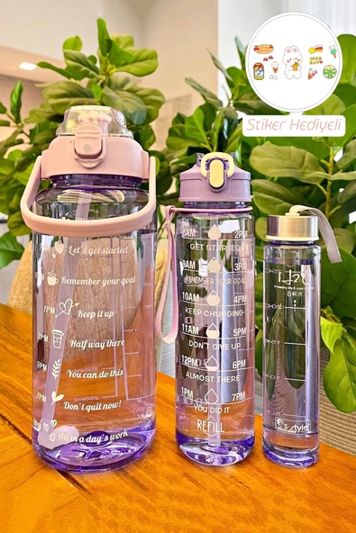 Tilbe Home 3'lü Motivasyonel Su Matarası Tritan Sporcu Su Şişesi Suluk Stickerlı Pipetli Suluk 2000+900+500ml - 2