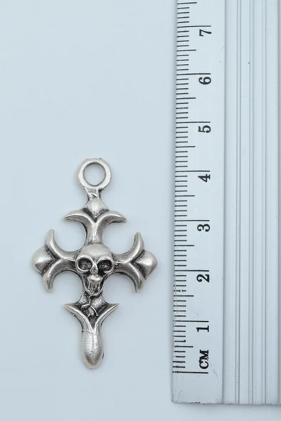 3'lü Thor Çekiç Kuru Kafa Haç  Beyzbol Sopası Gümüş Kaplama Kolye Seti - Resim 4