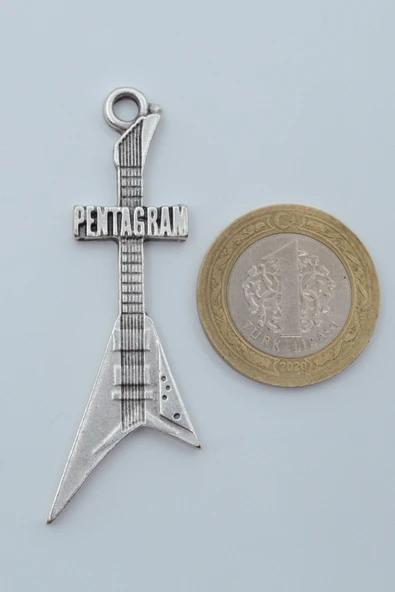 Pentagram Elektro Gitar Gümüş Kaplama Örme Zincir Kolye - Resim 4