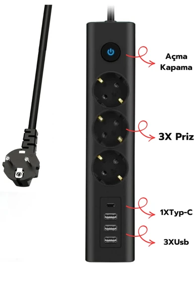 Akım Korumalı Priz 3'lü Priz  3x USB Girişi  1x TYPE-C Girişi 2mt Kablo Grup Priz Ftr-13