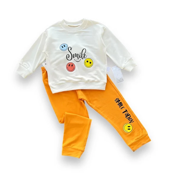 Eterelle 6-9-12-18 Ay Emoje Baskılı Pamuk Penye Kumaş Erkek Bebek Takımı Turuncu