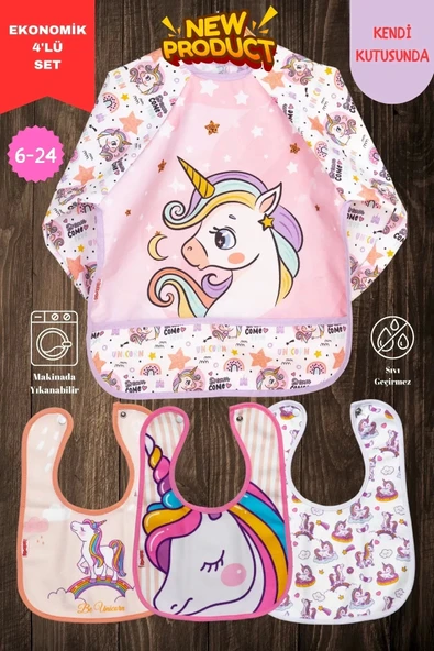 Eterelle Unicorn Desen 4'lü Set Eko Sıvı Geçirmez Aktivite Ve Mama Önlüğü Kendi Kutusunda 6-24 Ay