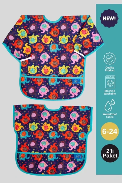 Eterelle Eleohant Desenli 2'li Paket Uzun Ve Kısa Kol Aktivite Ve Mama Önlüğü 6- 24 Ay