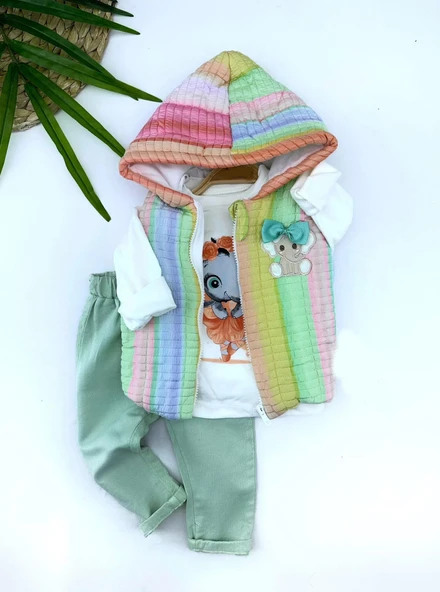 Eterelle 9-12-18-24 Ay Kapşonlu Fermuarlı Gökkuşağı Şişme Yelek Sweat Pantolonlu 3lü Kız Erkek Bebek Takımı Su Yeşili ürün görseli