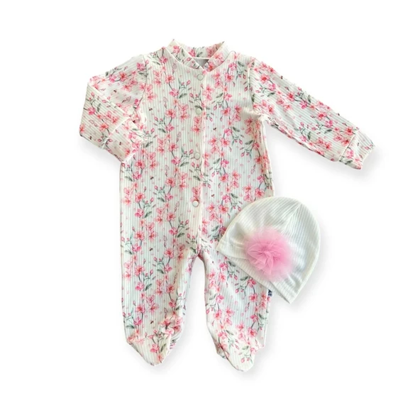 Eterelle 0-3-6-9 Ay Çiçek Baskılı Tam Boy Çıtçıtlı Patikli Güllü Boneli Kız Bebek Tulumu Ekru