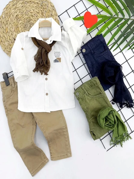 Eterella 9-12-18-24 Ay Ve 3-4-5 Yaş Fularlı Pamuk Keten Gömlekli Pantolonlu 3lü Erkek Bebek Takımı